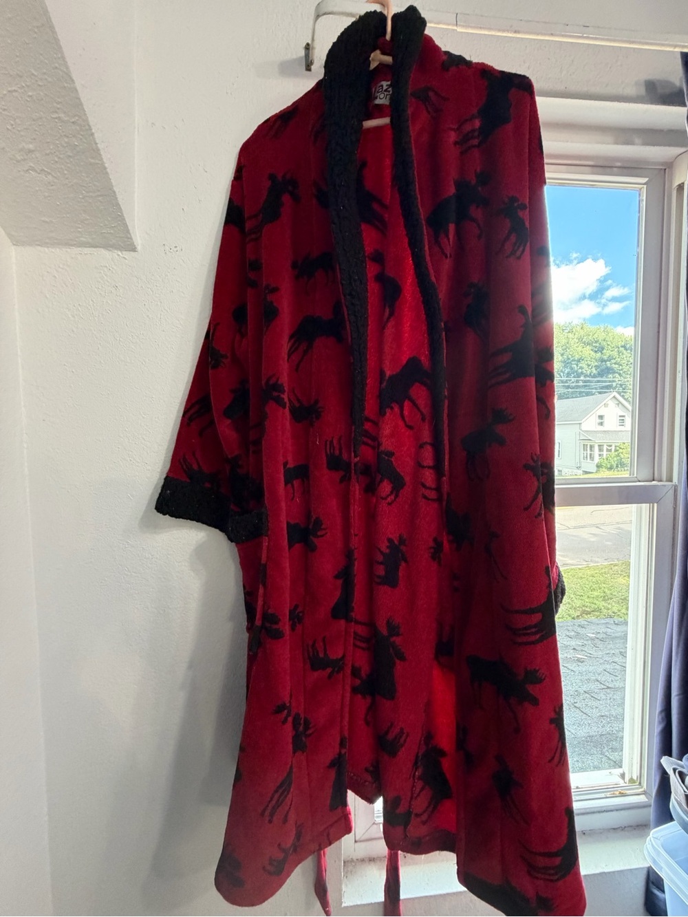Lazy One Red Plush Robe with Black Moose Silhouette Print